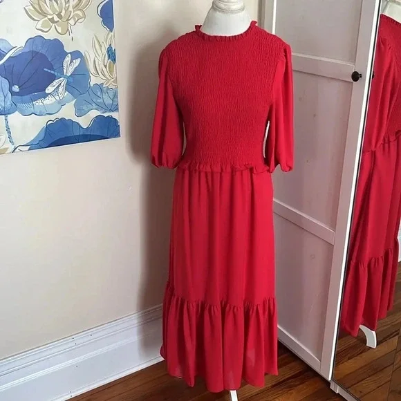Nanette Lepore Smocked Midi Dress with Tiered Skirt and Ruffle Detail - Size 12 - Picture 2 of 13